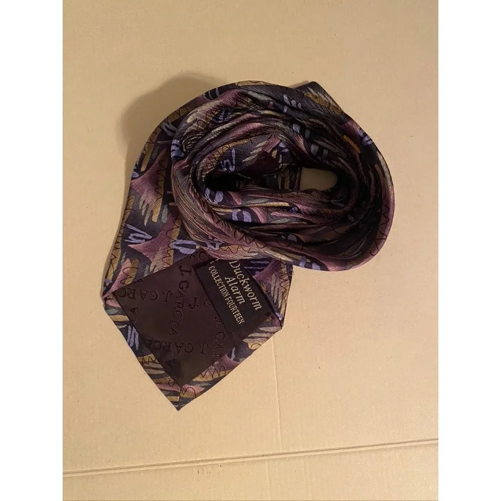J. Garcia Mens Silk Tie Duckworm Alarm Collection Fourteen Purple Abstract 1996